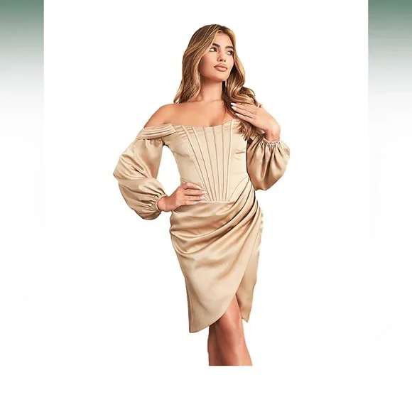 Lavish Alice Women's Satin Off-Shoulder Minidress - Gold - Size 4 Lavish Alice Women's Satin Off-Shoulder Minidress - Gold - Size 4